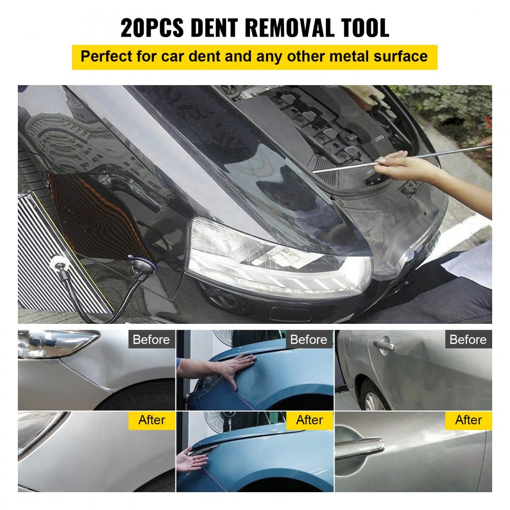 VEVOR Rods Dent Removal Kit, 20 Pcs Paintless Dent Repair Rods, Stainless Steel Dent Rods, Whale Tail Dent Repair Tools, Professional Hail Dent