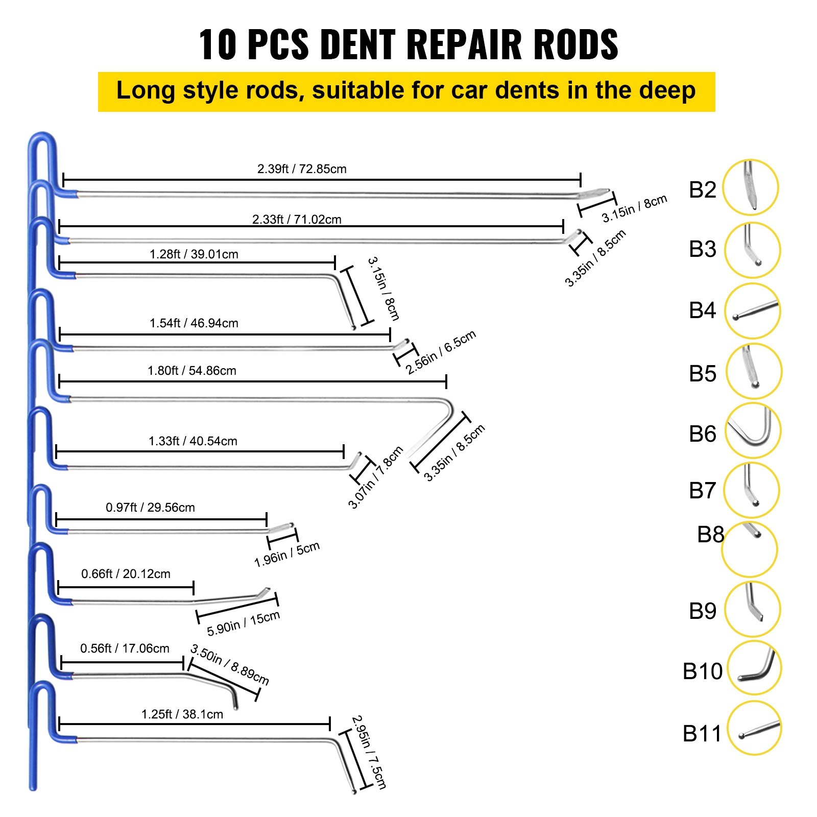 VEVOR dent removal kit includes 10 long dent repair rods for car dents.