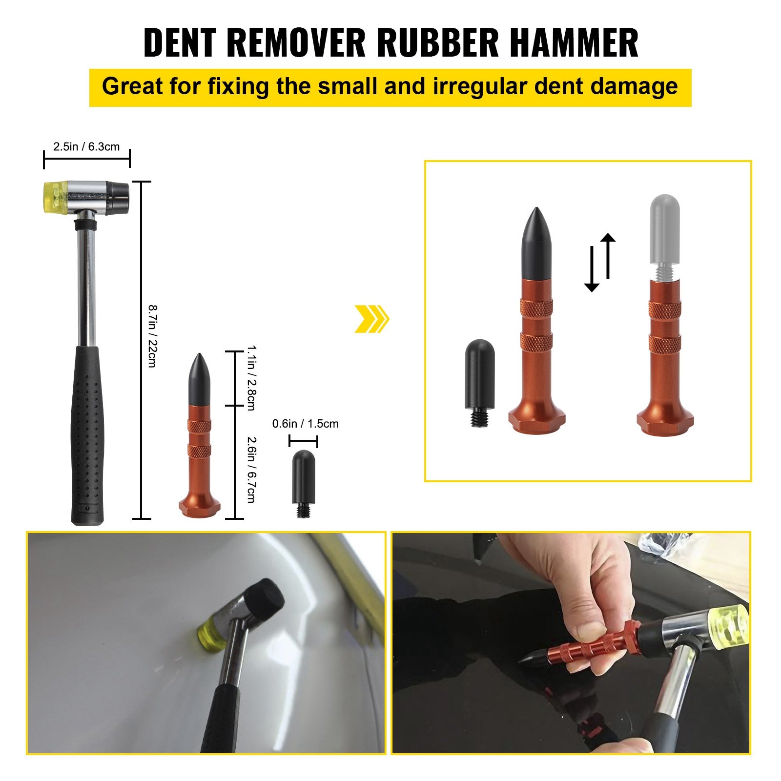 VEVOR dent removal kit with rubber hammer and interchangeable dent remover tools.