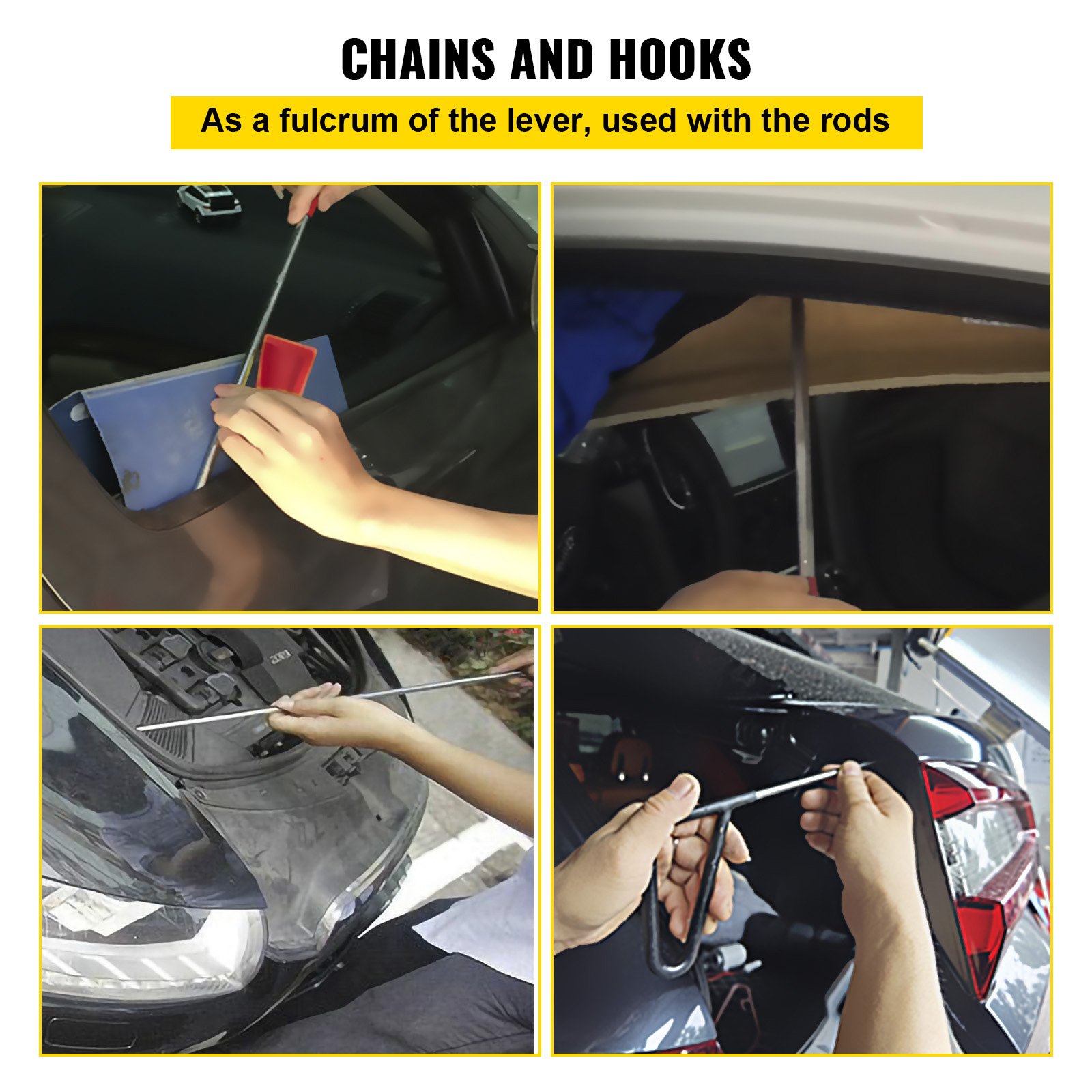 close-ups of using rods with the VEVOR dent removal kit on a car body.