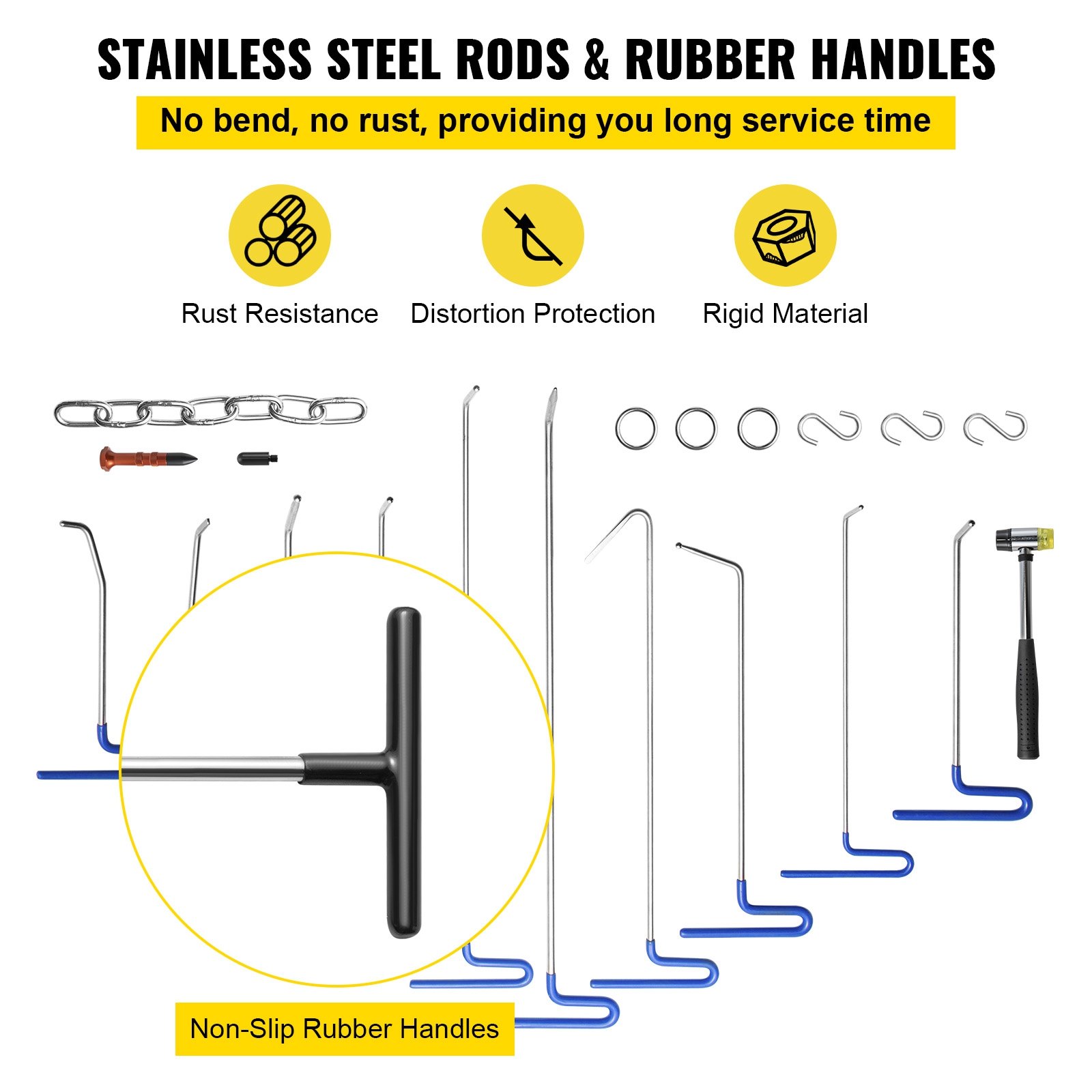 VEVOR dent removal kit with stainless steel rods and rubber handles for rust resistance.