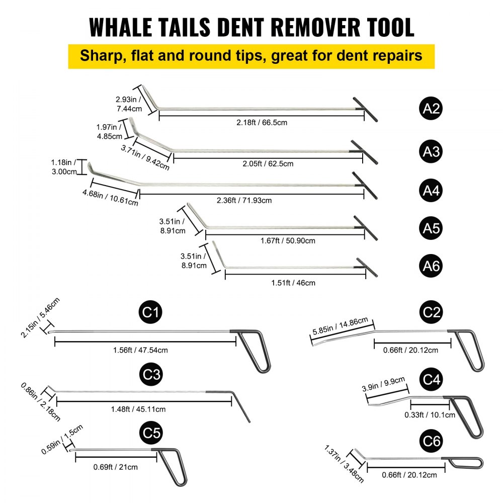 VEVOR dent removal kit featuring various whale tail dent removal tools with dimensions.