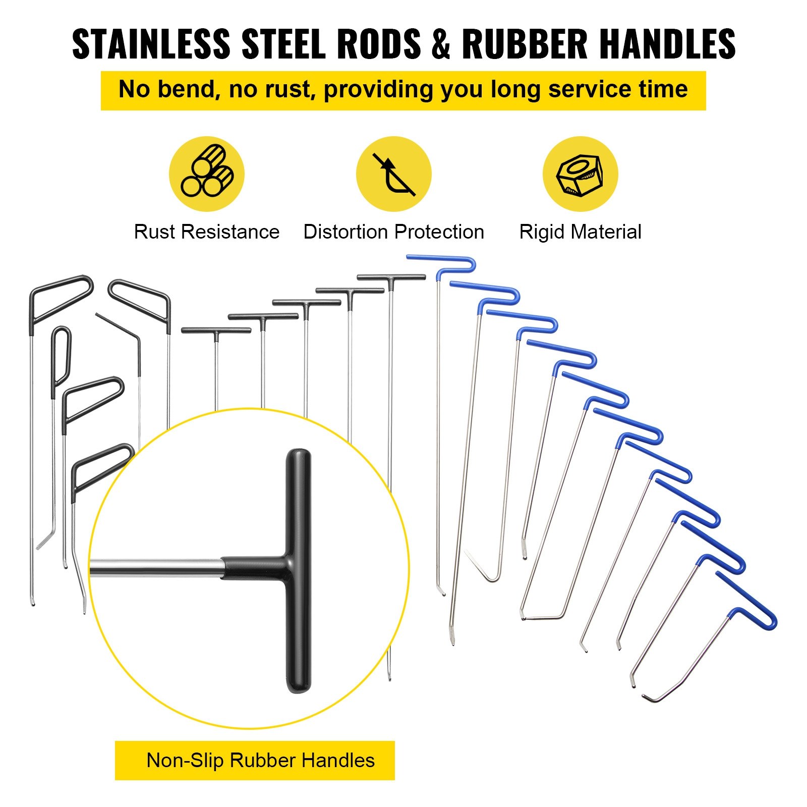 VEVOR dent removal kit - stainless steel rods and rubber handles for durable use.