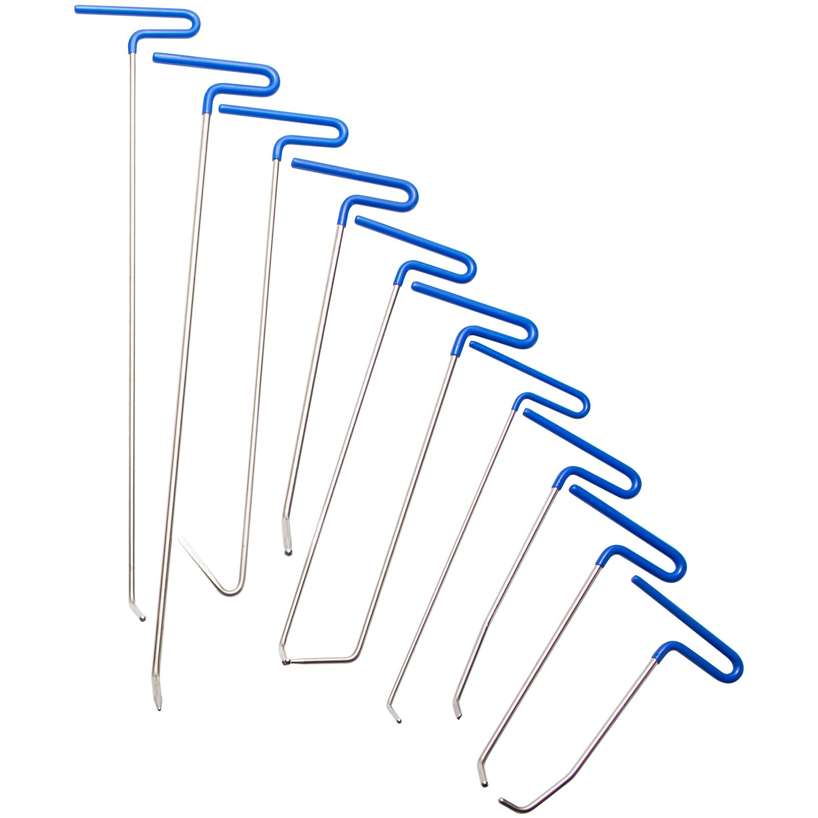 VEVOR dent removal kit with nine metal rods and blue handles in various sizes.