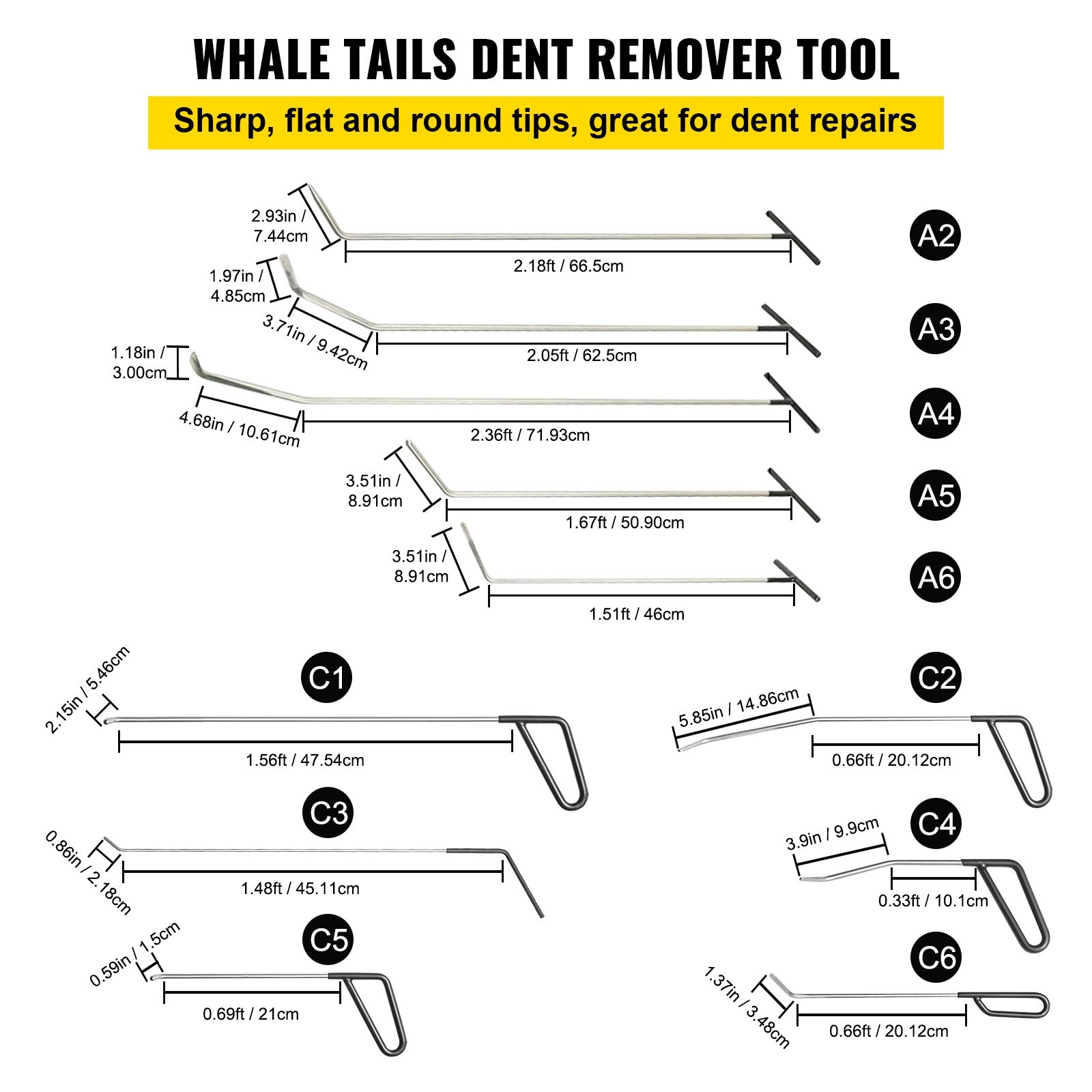 VEVOR Rods Dent Removal Kit, 21 Pcs Paintless Dent Repair Rods, Stainless Steel Dent Rods, Whale Tail Dent Repair Tools, Professional Hail Dent Removal Tool For Minor Dents, Door Dings And Hail Damage