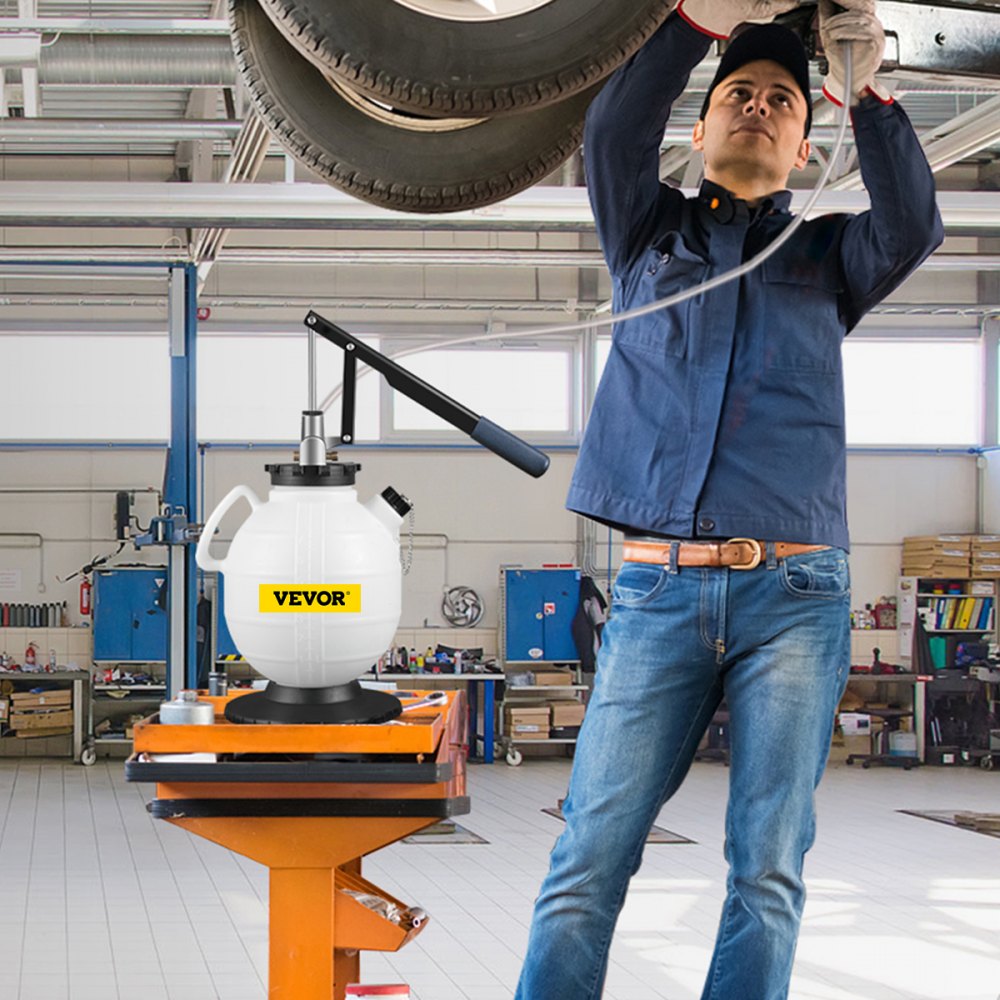 mechanic using VEVOR transmission fluid pressure bleeder in a garage workshop.