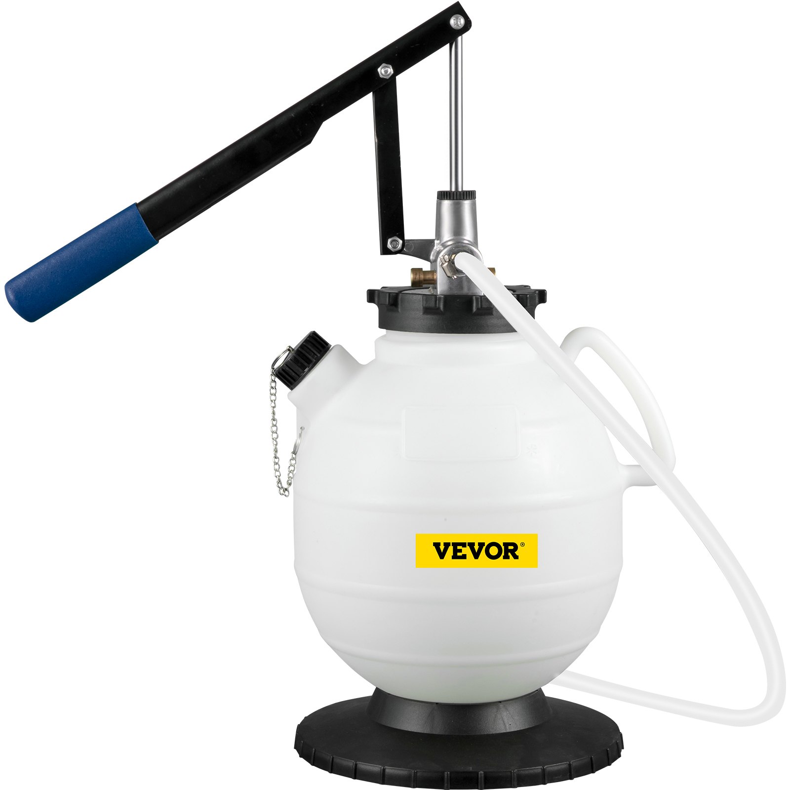 VEVOR transmission fluid pressure bleeder with handle and hose, white container.