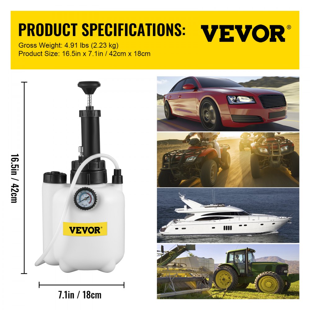 VEVOR Brake Fluid Bleeder Brake Fluid Replacement Tool 3L Large Capacity, Corrosion-resistant Brake Oil Replacement Kit for Most Cars, with Pressure Gauge, Releasing Valve, and 1L Waste Oil Bottle