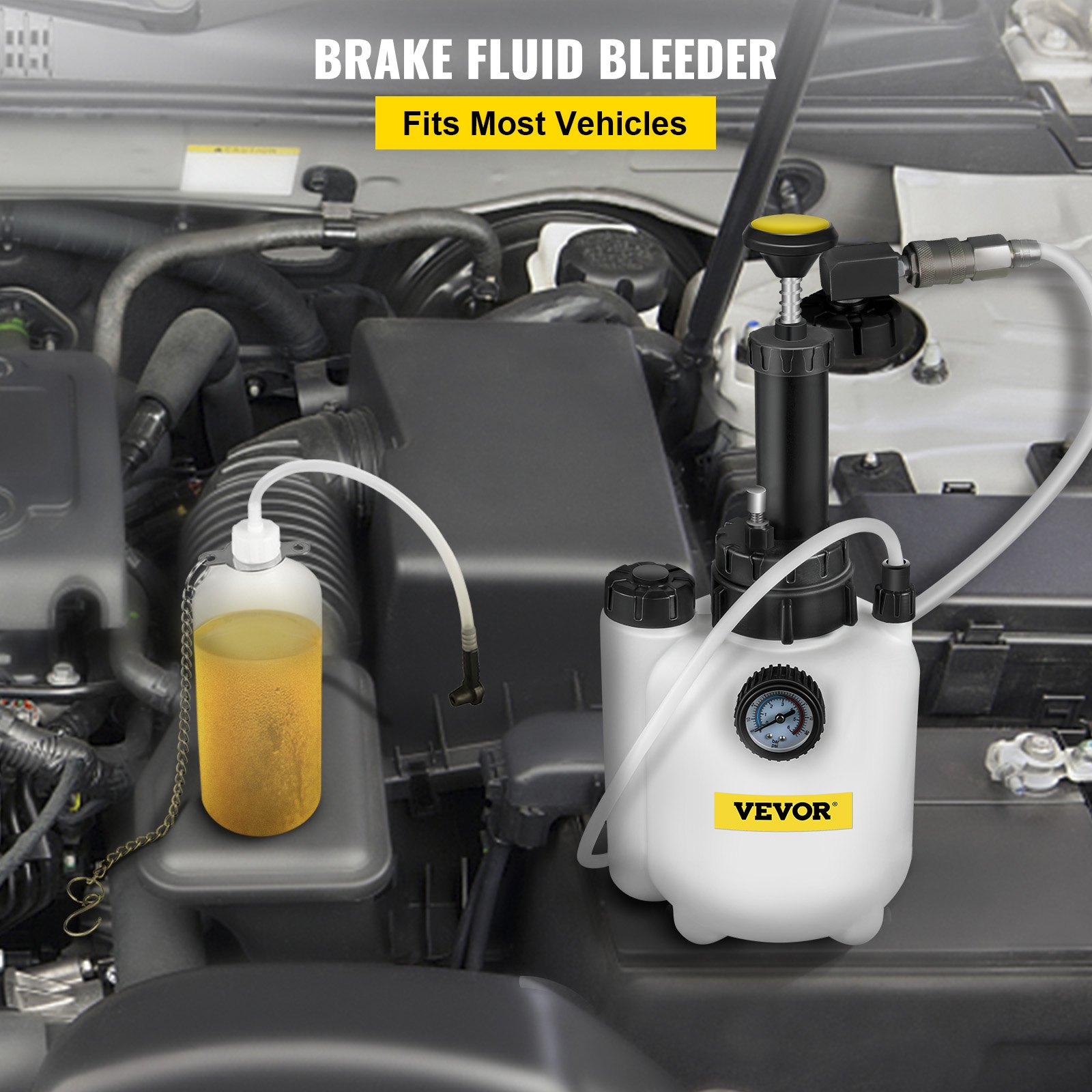 VEVOR Brake Fluid Bleeder Brake Fluid Replacement Tool 3L Large Capacity, Corrosion-resistant Brake Oil Replacement Kit for Most Cars, with Pressure Gauge, Releasing Valve, and 1L Waste Oil Bottle