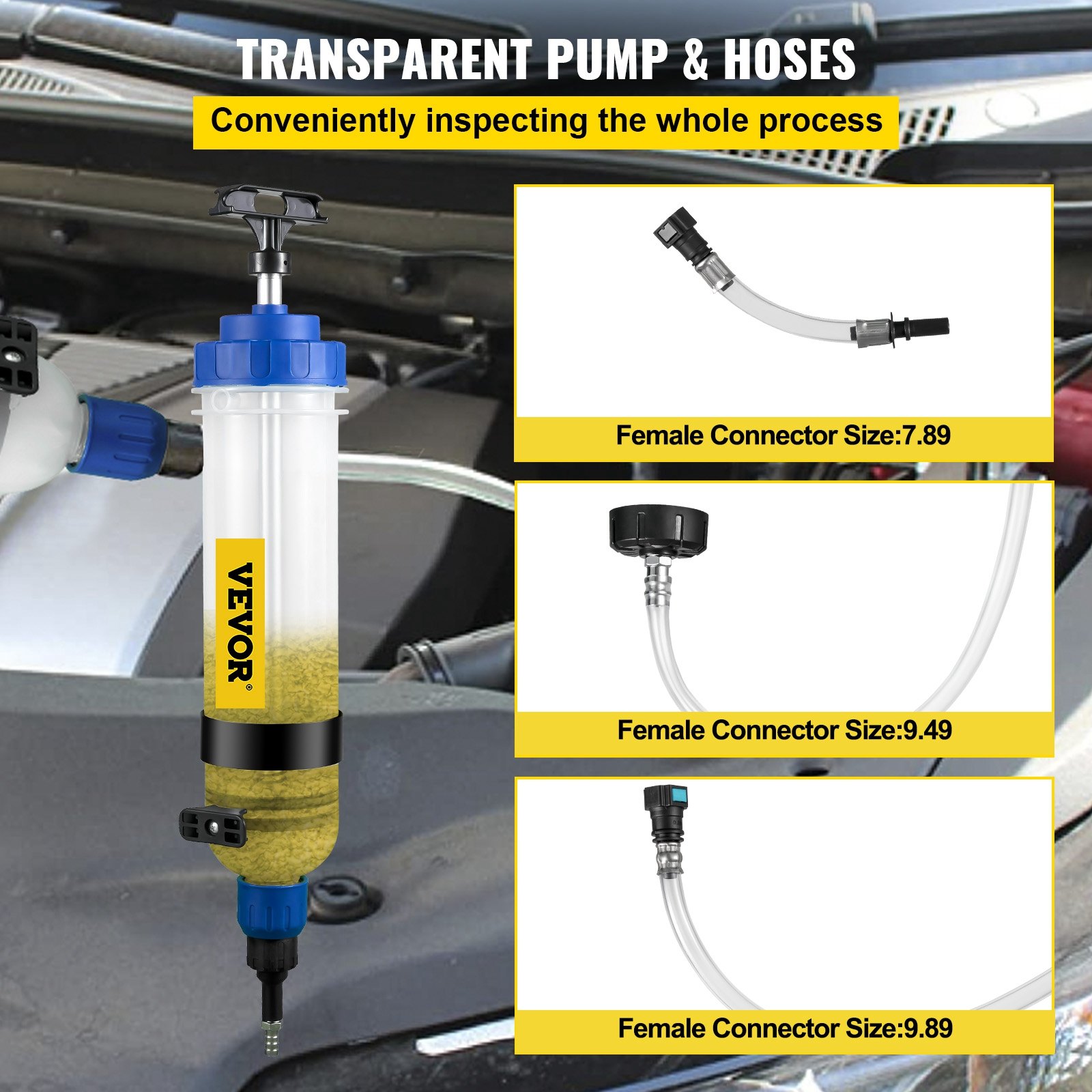 VEVOR transmission fluid pump with transparent pump and various hose connectors.