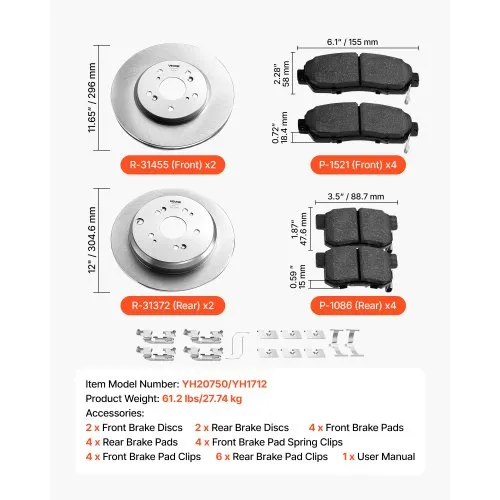 Front Brake Rotors & Ceramic Pads Kit For 2012-2016 Honda CR-V AWD (296mm)