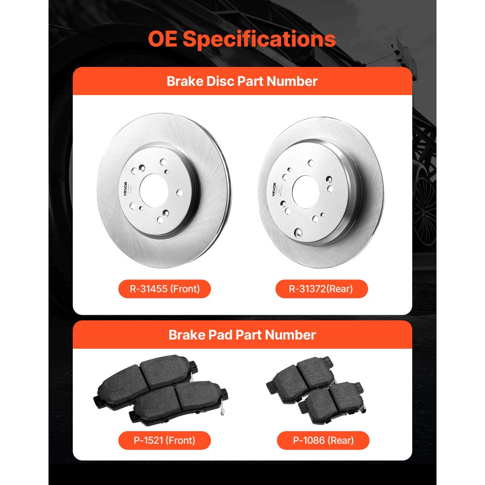 VEVOR Front & Rear Brake Kit Compatible with 2012-2016 Honda CR-V (AWD Models), Ceramic Brake Replacement Kits, 12 inch Hollow Structure Front Rotors, 12 inch Solid Structure Rear Rotors, R-31455