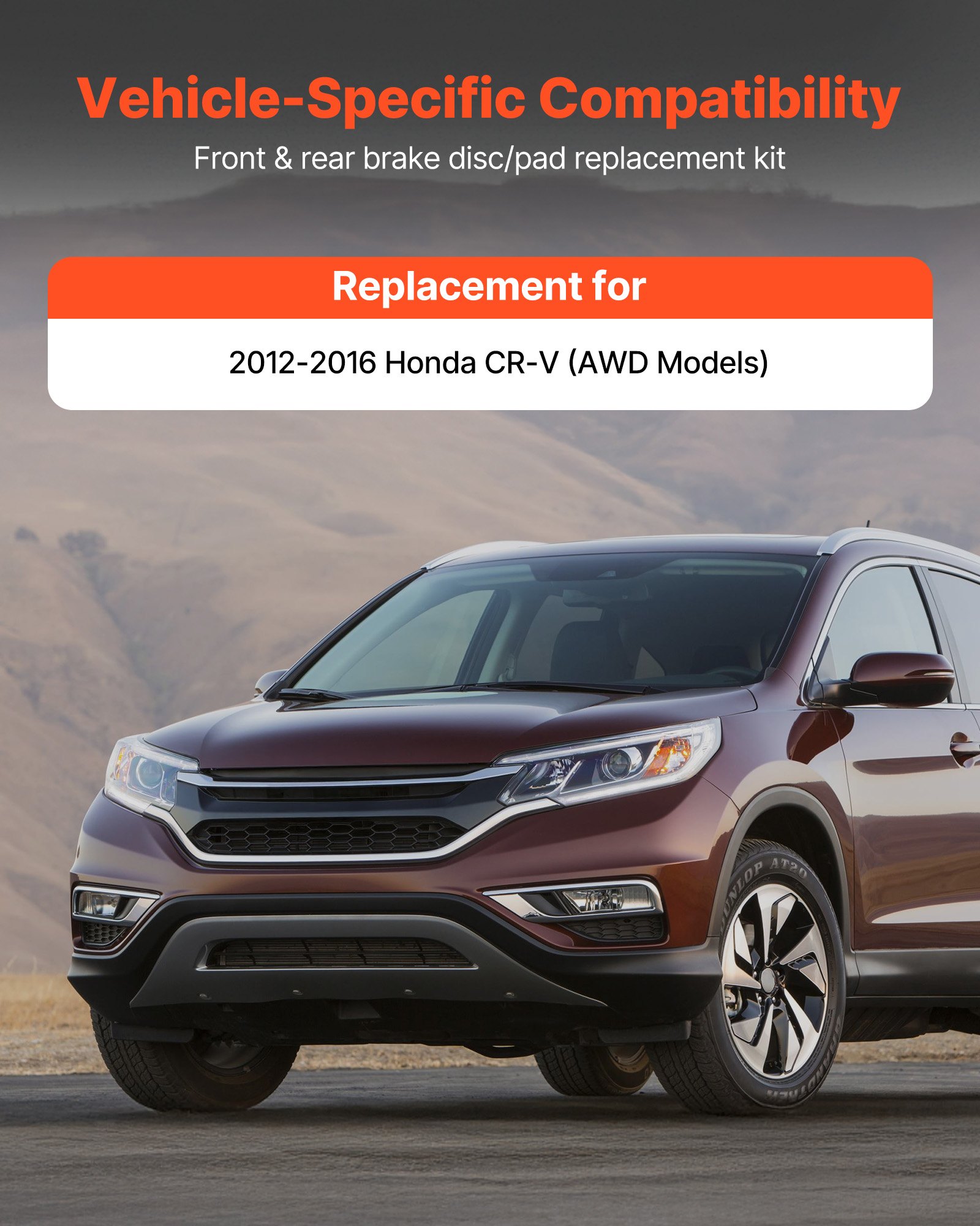 VEVOR Front & Rear Brake Kit Compatible with 2012-2016 Honda CR-V (AWD Models), Ceramic Brake Replacement Kits, 12 inch Hollow Structure Front Rotors, 12 inch Solid Structure Rear Rotors, R-31455