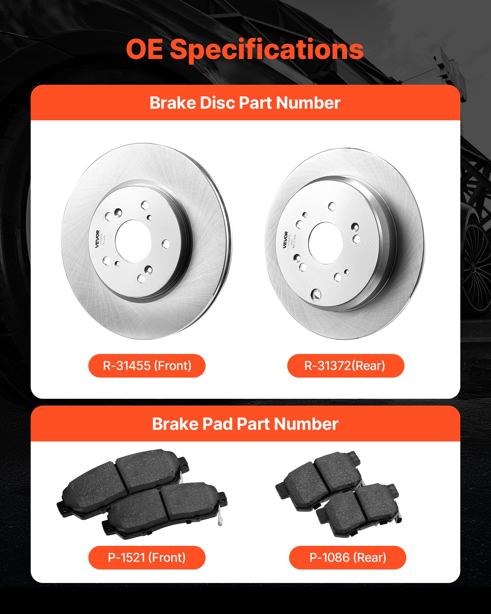 VEVOR Front & Rear Brake Kit Compatible with 2012-2016 Honda CR-V (AWD Models), Ceramic Brake Replacement Kits, 12 inch Hollow Structure Front Rotors, 12 inch Solid Structure Rear Rotors, R-31455