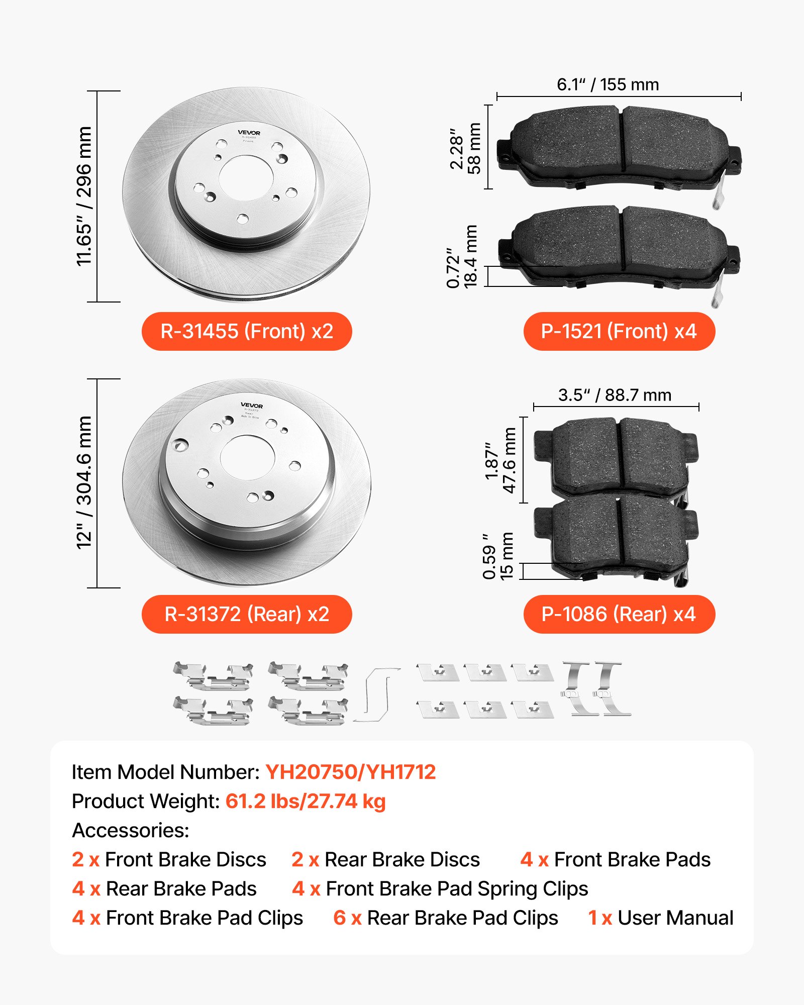 VEVOR Front & Rear Brake Kit Compatible with 2012-2016 Honda CR-V (AWD Models), Ceramic Brake Replacement Kits, 12 inch Hollow Structure Front Rotors, 12 inch Solid Structure Rear Rotors, R-31455