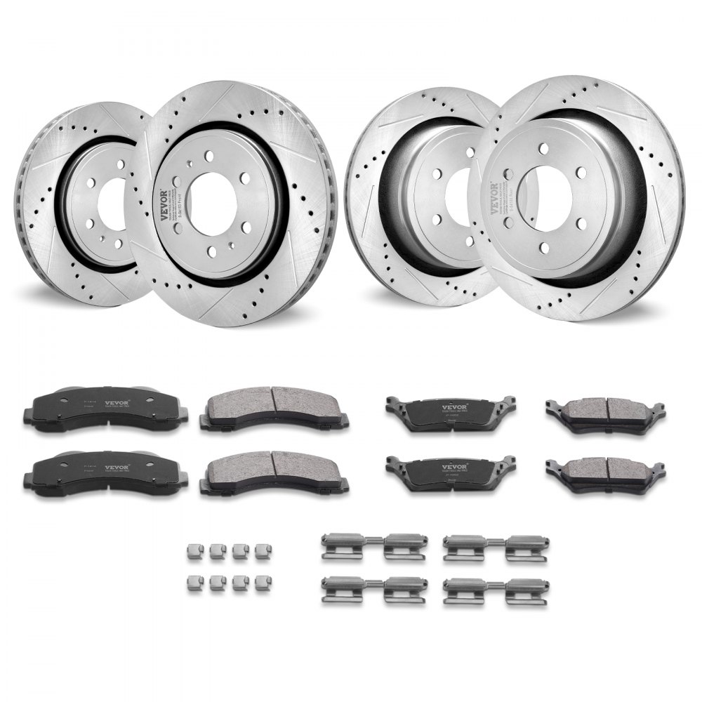 VEVOR brake rotors pads kit, includes slotted rotors, brake pads, and mounting hardware set.