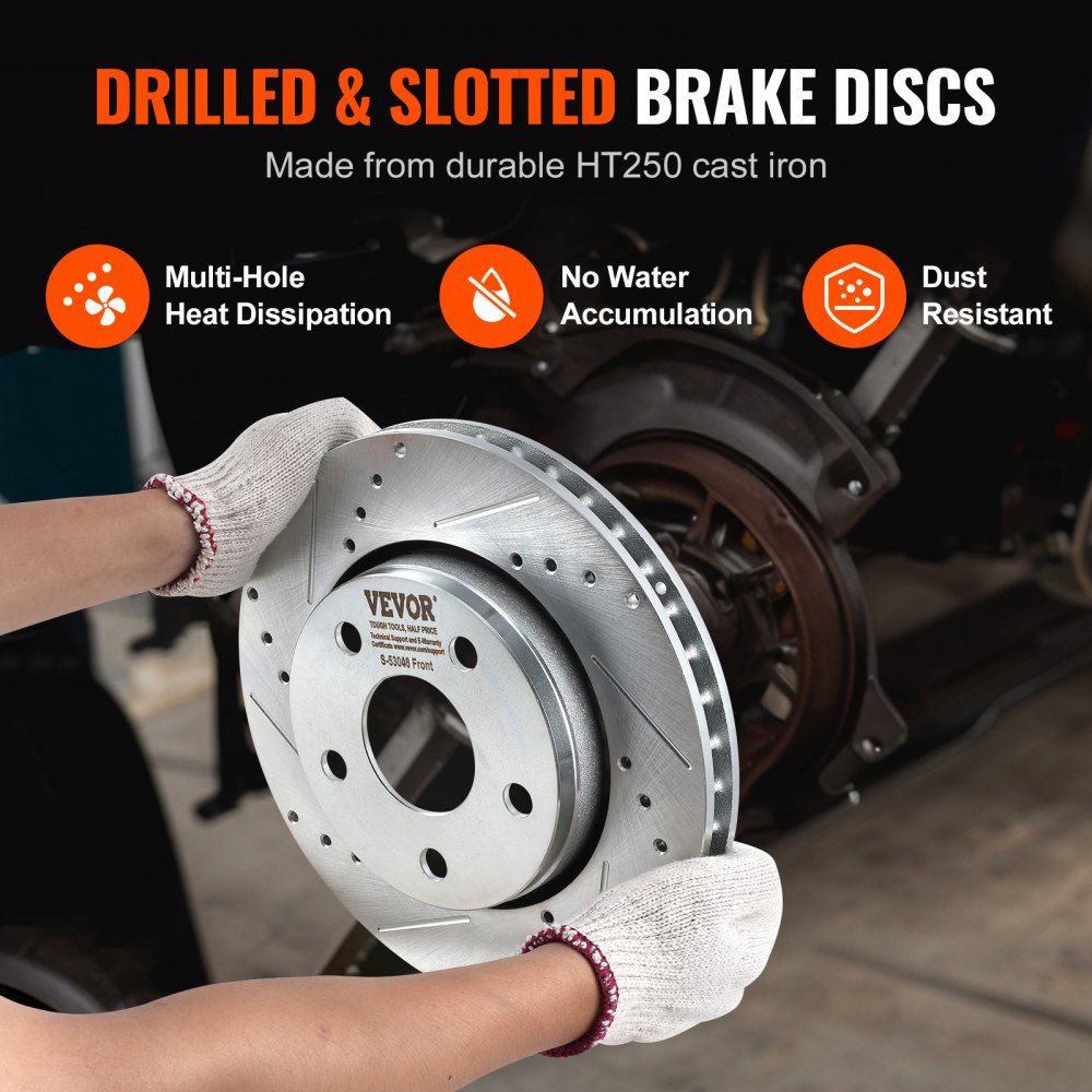 VEVOR Front and Rear Brake Kit Compatible with 2007-2017 Jeep Wrangler, Drilled and Slotted Brake Rotors Ceramic Brake Pads Replacement, 11.9" Front Rotors 12.4" Rear Rotors