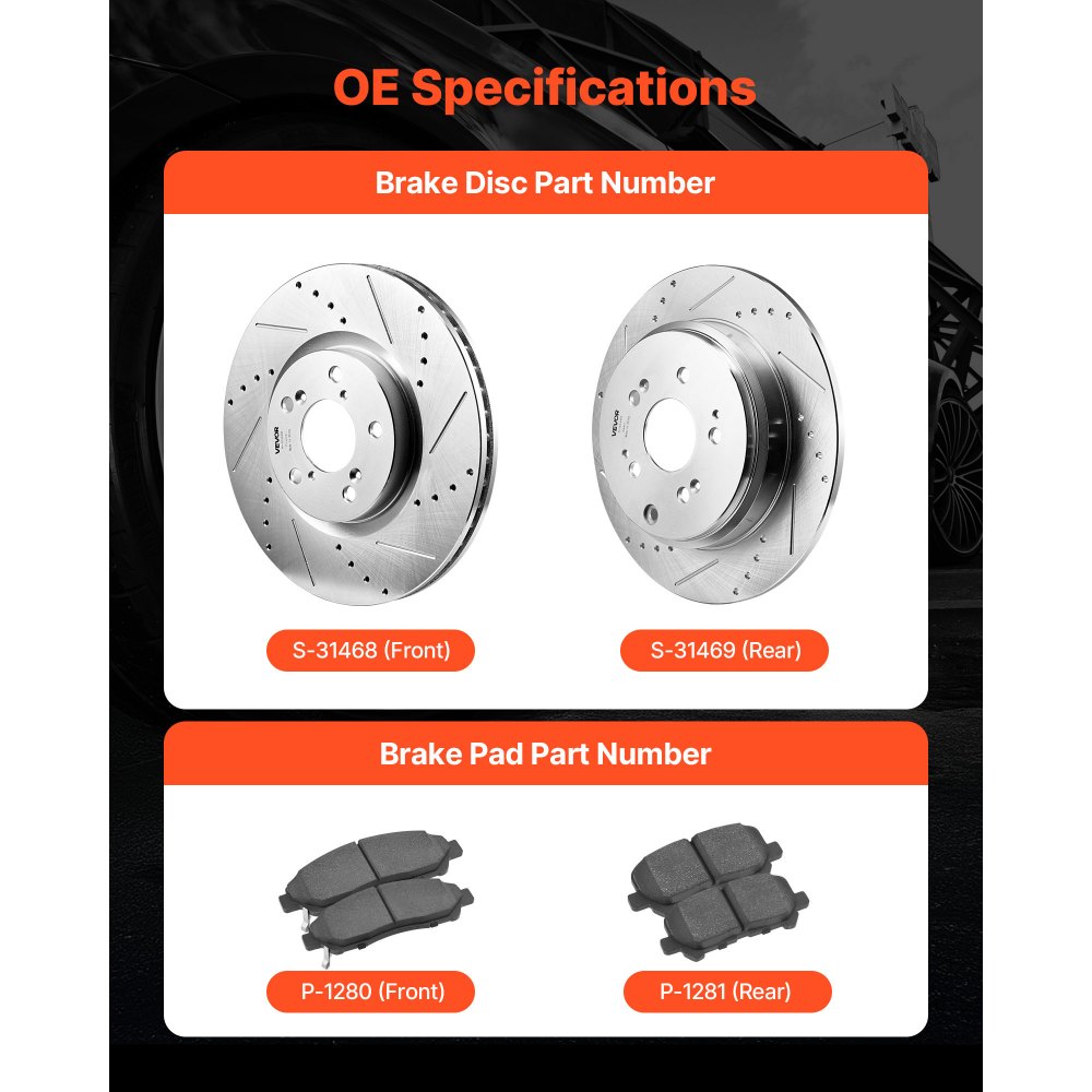 VEVOR Front and Rear Brake Kit Compatible with 2007-2013 Acura MDX, 2010-2013 Acura ZDX, 2009-2014 Honda Pilot, Drilled and Slotted Brake Rotors Ceramic Brake Pads Replacement Kit, 13 in (Front)