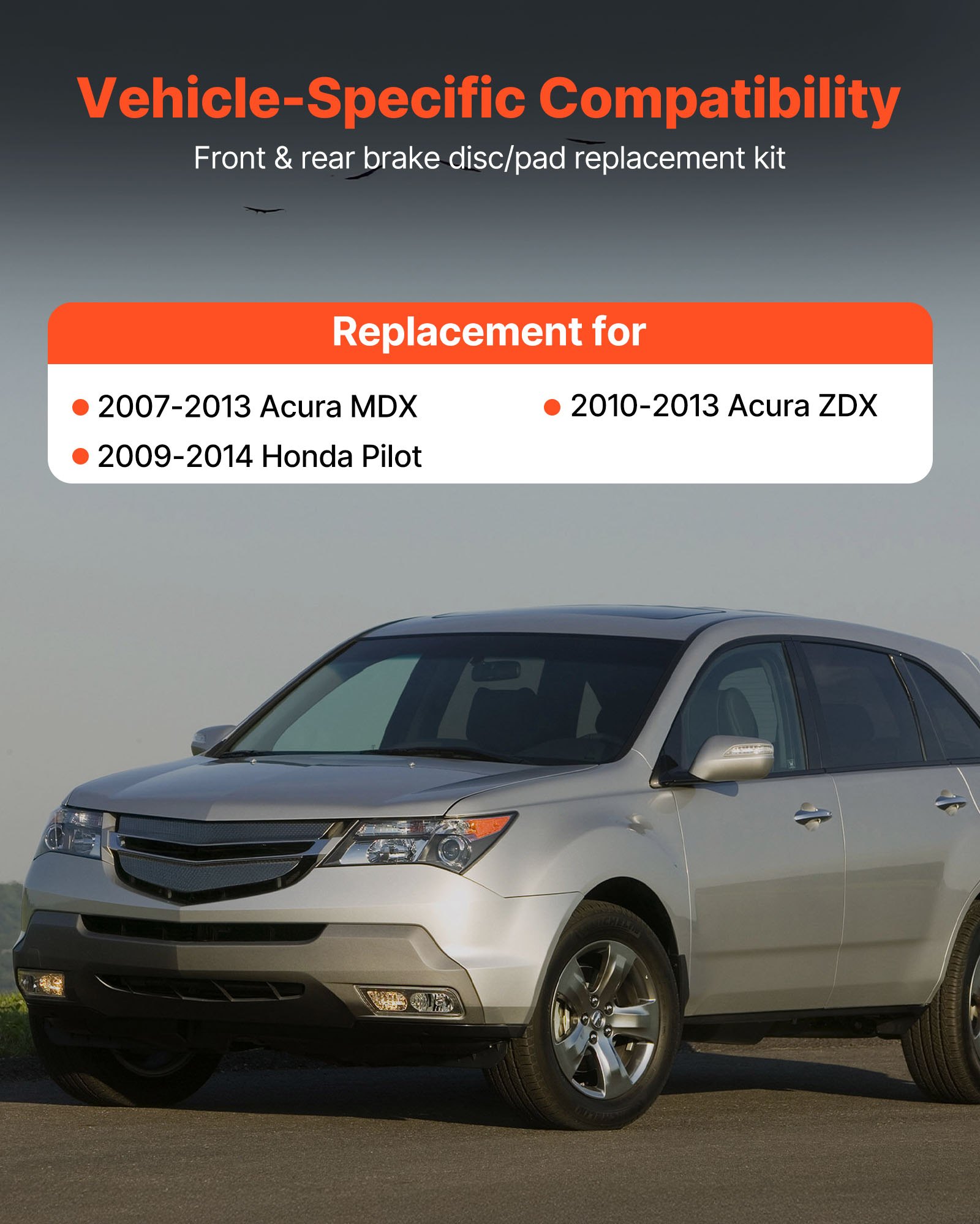 VEVOR Front and Rear Brake Kit Compatible with 2007-2013 Acura MDX, 2010-2013 Acura ZDX, 2009-2014 Honda Pilot, Drilled and Slotted Brake Rotors Ceramic Brake Pads Replacement Kit, 13 in (Front)