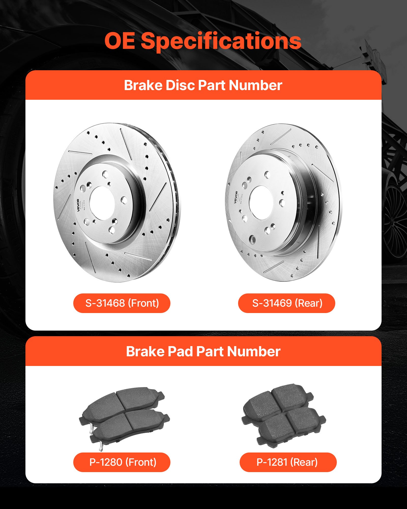 VEVOR Front and Rear Brake Kit Compatible with 2007-2013 Acura MDX, 2010-2013 Acura ZDX, 2009-2014 Honda Pilot, Drilled and Slotted Brake Rotors Ceramic Brake Pads Replacement Kit, 13 in (Front)