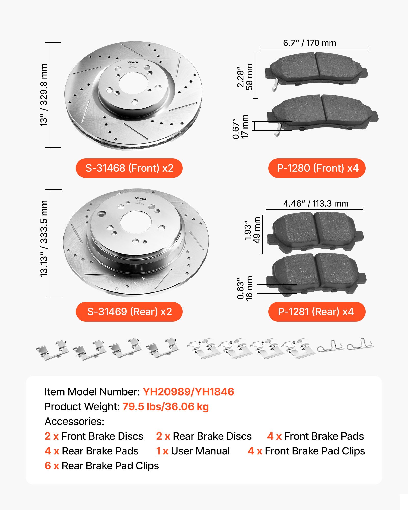 VEVOR Front and Rear Brake Kit Compatible with 2007-2013 Acura MDX, 2010-2013 Acura ZDX, 2009-2014 Honda Pilot, Drilled and Slotted Brake Rotors Ceramic Brake Pads Replacement Kit, 13 in (Front)