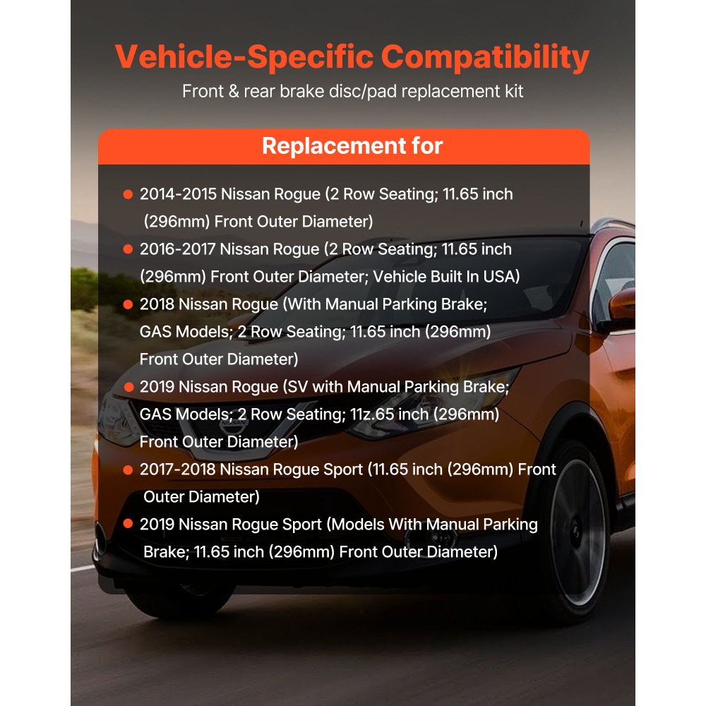 VEVOR Front and Rear Brake Kit Compatible with 2014-2015 Nissan Rogue (2 Row Seating; 11.65 inch (296mm) Front Outer Diameter), Hollow Structure Brake Rotors Ceramic Brake Pads Replacement Kit