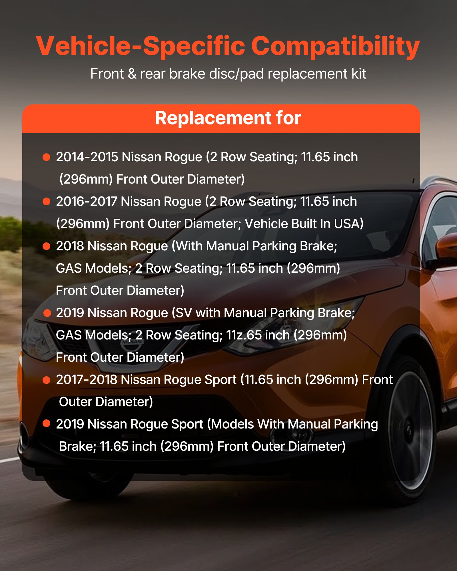 VEVOR Front and Rear Brake Kit Compatible with 2014-2015 Nissan Rogue (2 Row Seating; 11.65 inch (296mm) Front Outer Diameter), Hollow Structure Brake Rotors Ceramic Brake Pads Replacement Kit