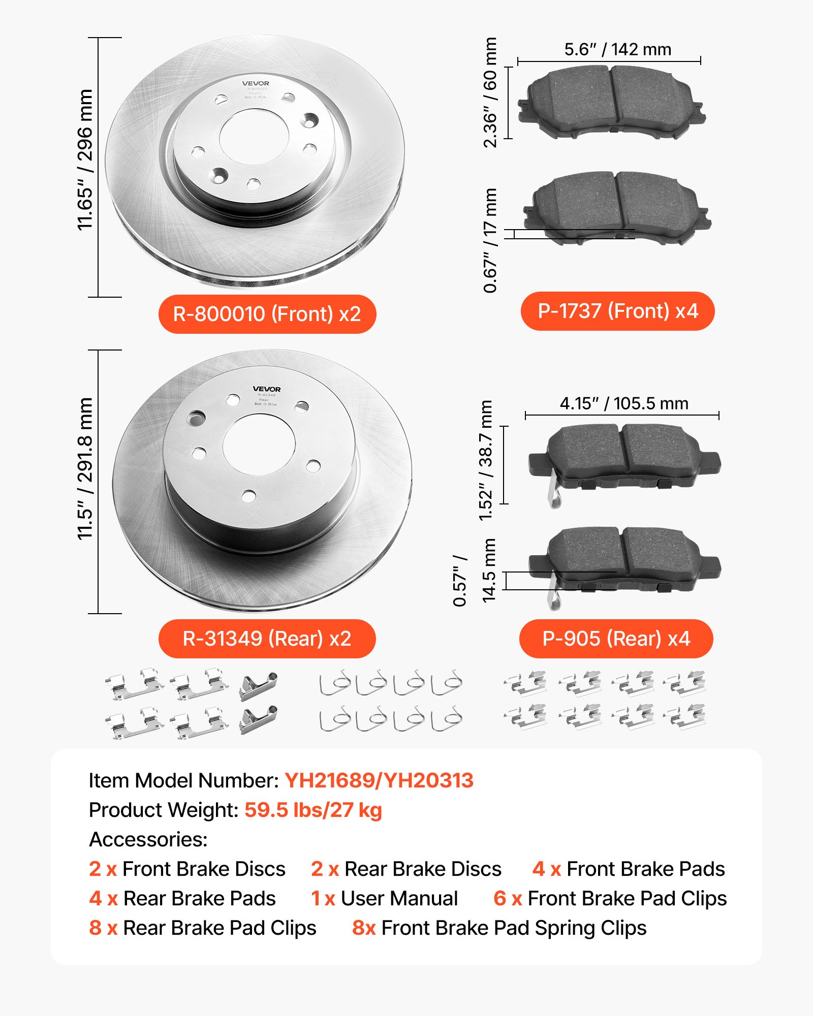VEVOR Front and Rear Brake Kit Compatible with 2014-2015 Nissan Rogue (2 Row Seating; 11.65 inch (296mm) Front Outer Diameter), Hollow Structure Brake Rotors Ceramic Brake Pads Replacement Kit