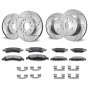 VEVOR brake rotors pads kit featuring drilled and slotted rotors, brake pads, and mounting hardware.