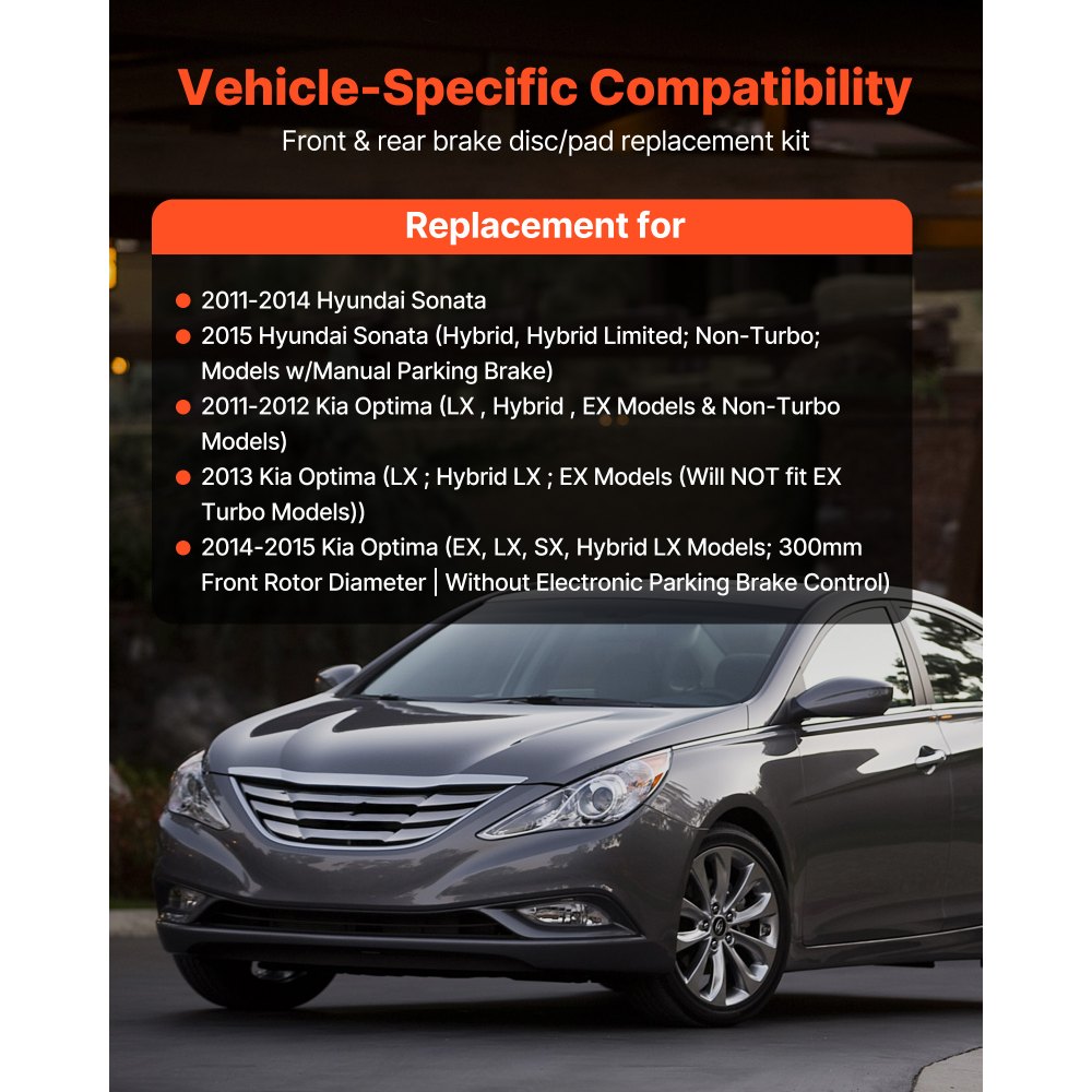 VEVOR Front & Rear Brake Kit Compatible with 2011-2014 Hyundai Sonata, 2015 Hyundai Sonata (Hybrid, Hybrid Limited; Non-Turbo; Models w/Manual Parking Brake), Hollow Brake Rotors & Solid Rear Rotors