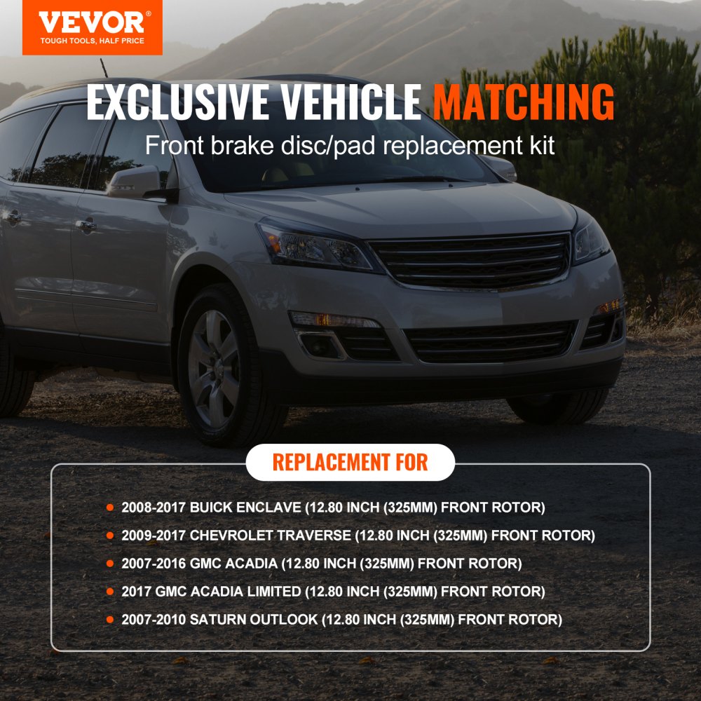 VEVOR Front Brake Kit Compatible with 2007-2017 Chevy Traverse, Buick Enclave, GMC Acadia, Saturn Outlook, Drilled and Slotted Brake Rotors Ceramic Brake Pads Replacement Kit, 12.8" Front Rotors
