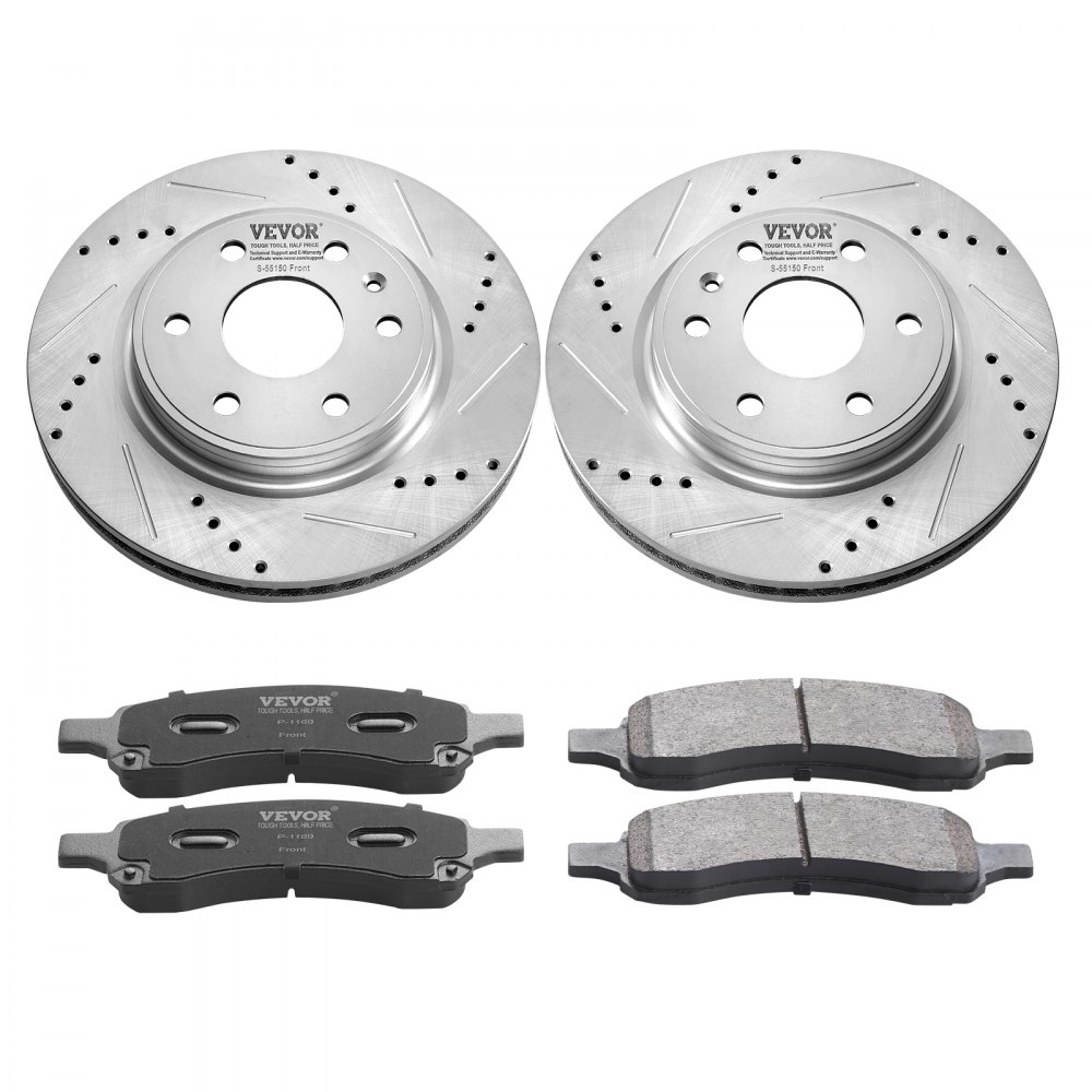 VEVOR Front Brake Kit Compatible with 2007-2017 Chevy Traverse, Buick Enclave, GMC Acadia, Saturn Outlook, Drilled and Slotted Brake Rotors Ceramic Brake Pads Replacement Kit, 12.8" Front Rotors