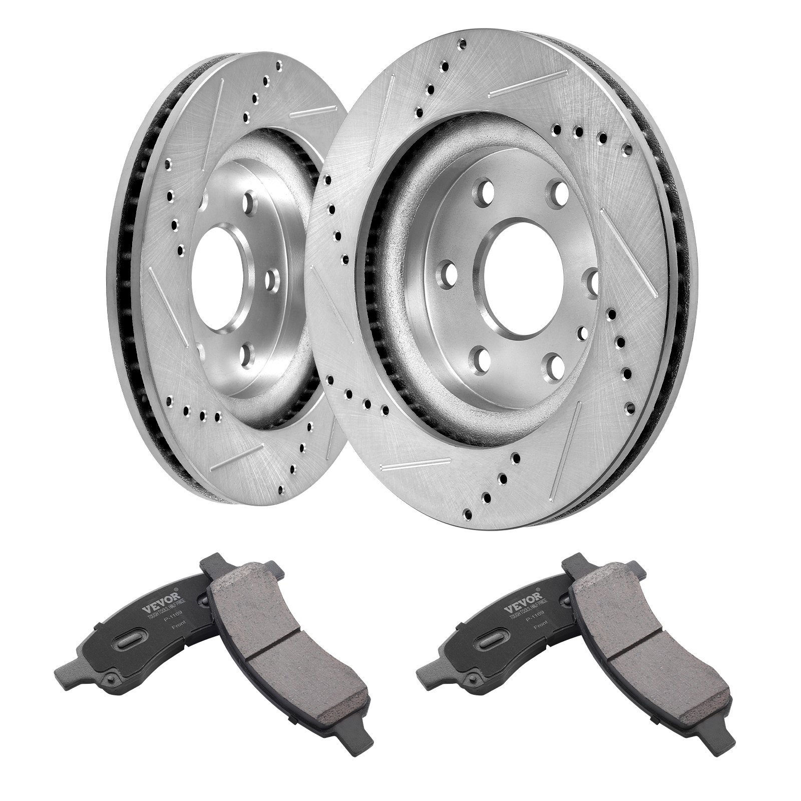 VEVOR Front Brake Kit Compatible with 2007-2017 Chevy Traverse, Buick Enclave, GMC Acadia, Saturn Outlook, Drilled and Slotted Brake Rotors Ceramic Brake Pads Replacement Kit, 12.8" Front Rotors
