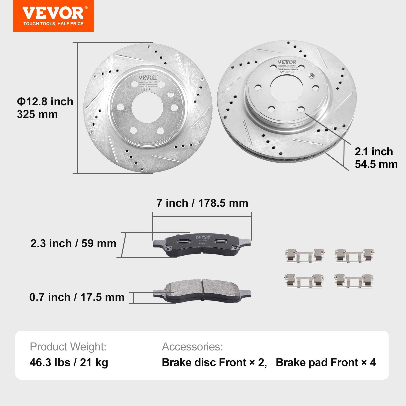 VEVOR Front Brake Kit Compatible with 2007-2017 Chevy Traverse, Buick Enclave, GMC Acadia, Saturn Outlook, Drilled and Slotted Brake Rotors Ceramic Brake Pads Replacement Kit, 12.8" Front Rotors