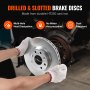 VEVOR brake pads & rotors kit installation showcasing drilled and slotted brake disc details with benefits.