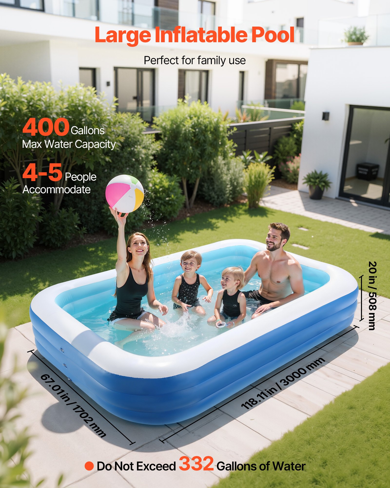 VEVOR Inflatable Pool, 118 x 67 x 20 inch Large Inflatable Swimming Pool, Family Large Swimming Pools with Repair Patches, Blow Up Pools for Kids, Adults, Family, Indoor Outdoor, Summer Water Party
