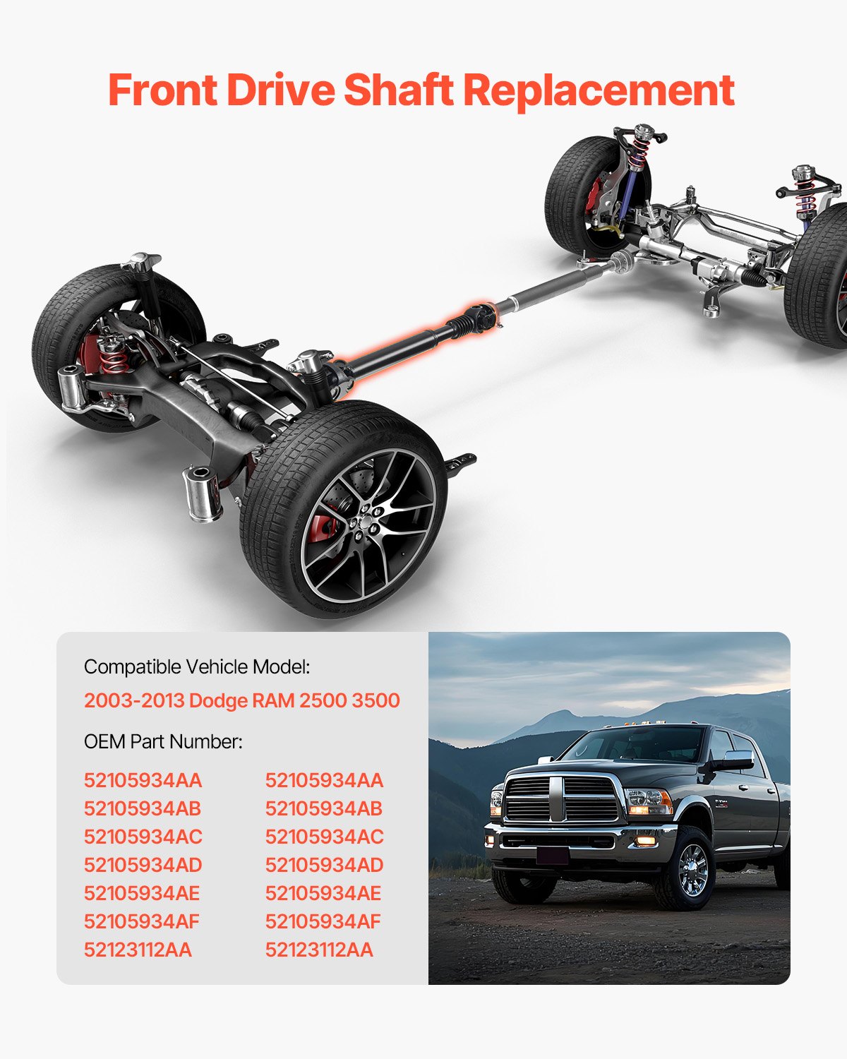VEVOR Front Drive Shaft, 32.0"-34.6" Prop Shaft Driveshaft Assembly Compatible with 2003-2013 Dodge RAM 2500 3500, Replace #52105934AA 52105934AB 52105934AC 52105934AD 52105934AE 52105934AF