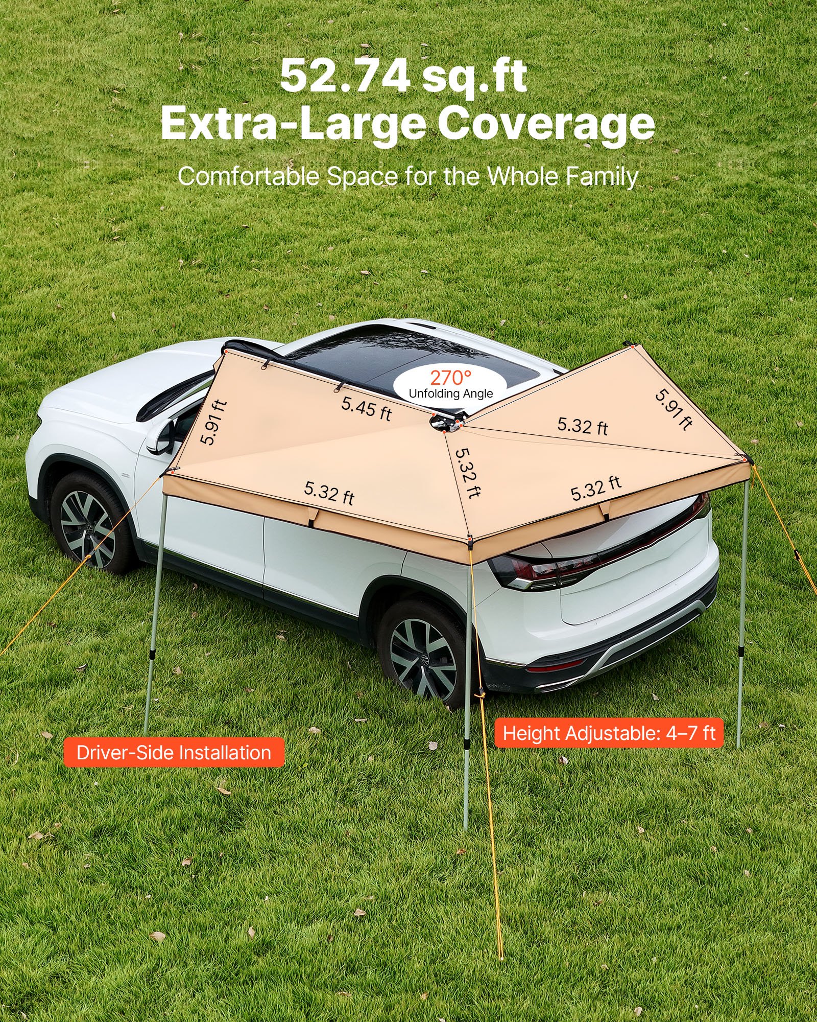 VEVOR 270 Degree Awning, 4.9 ㎡ Driver Side Vehicle Awning, Waterproof UV50+ Car Side Awnings with Carry Bag, All-Weather Free-Standing Overland Awnings Car Shelter for SUV Van Truck Camping