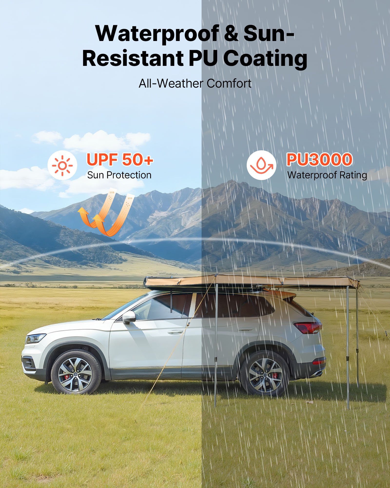 VEVOR 270 Degree Awning, 4.9 ㎡ Driver Side Vehicle Awning, Waterproof UV50+ Car Side Awnings with Carry Bag, All-Weather Free-Standing Overland Awnings Car Shelter for SUV Van Truck Camping