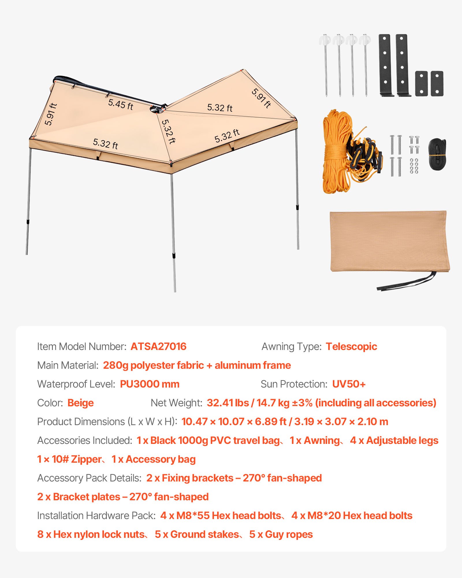 VEVOR 270 Degree Awning, 4.9 ㎡ Driver Side Vehicle Awning, Waterproof UV50+ Car Side Awnings with Carry Bag, All-Weather Free-Standing Overland Awnings Car Shelter for SUV Van Truck Camping