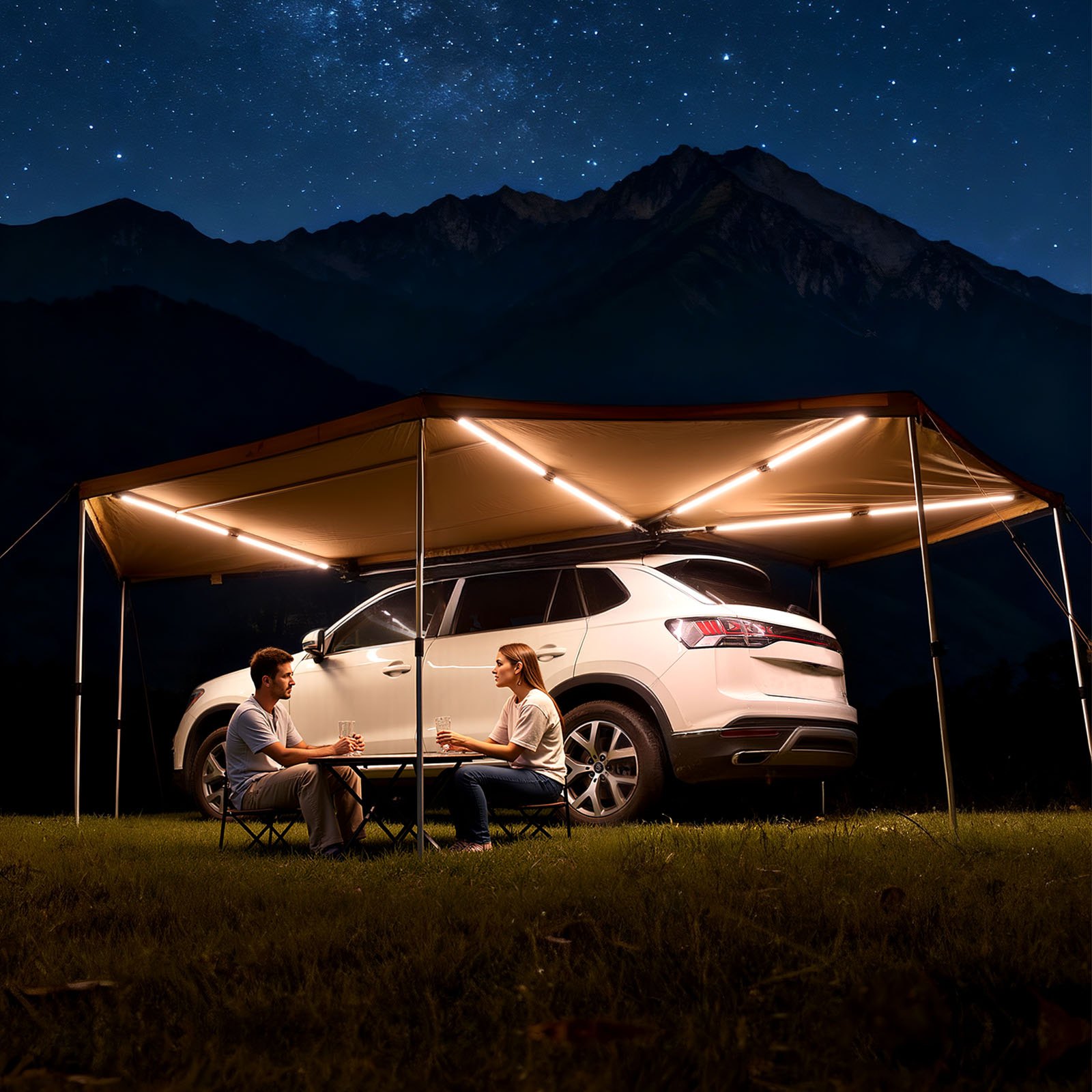 VEVOR 270 Degree Awning with Bulit-in LED Lights, 10.9 ㎡ Driver Side Vehicle Awning, Waterproof UV50+ Car Side Awnings, All-Weather Free-Standing Overland Awnings Car Shelter for SUV Truck Camping