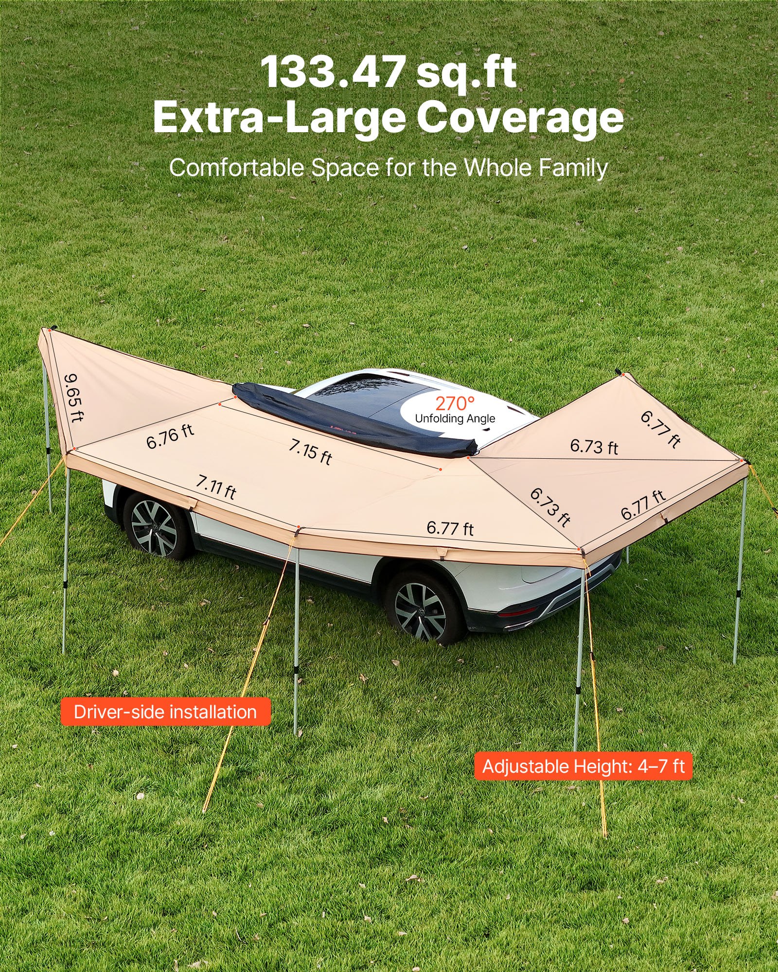 VEVOR 270 Degree Awning with Bulit-in LED Lights, 12.4 ㎡ Driver Side Vehicle Awning, Waterproof UV50+ Car Side Awnings, All-Weather Free-Standing Overland Awnings Car Shelter for SUV Truck Camping