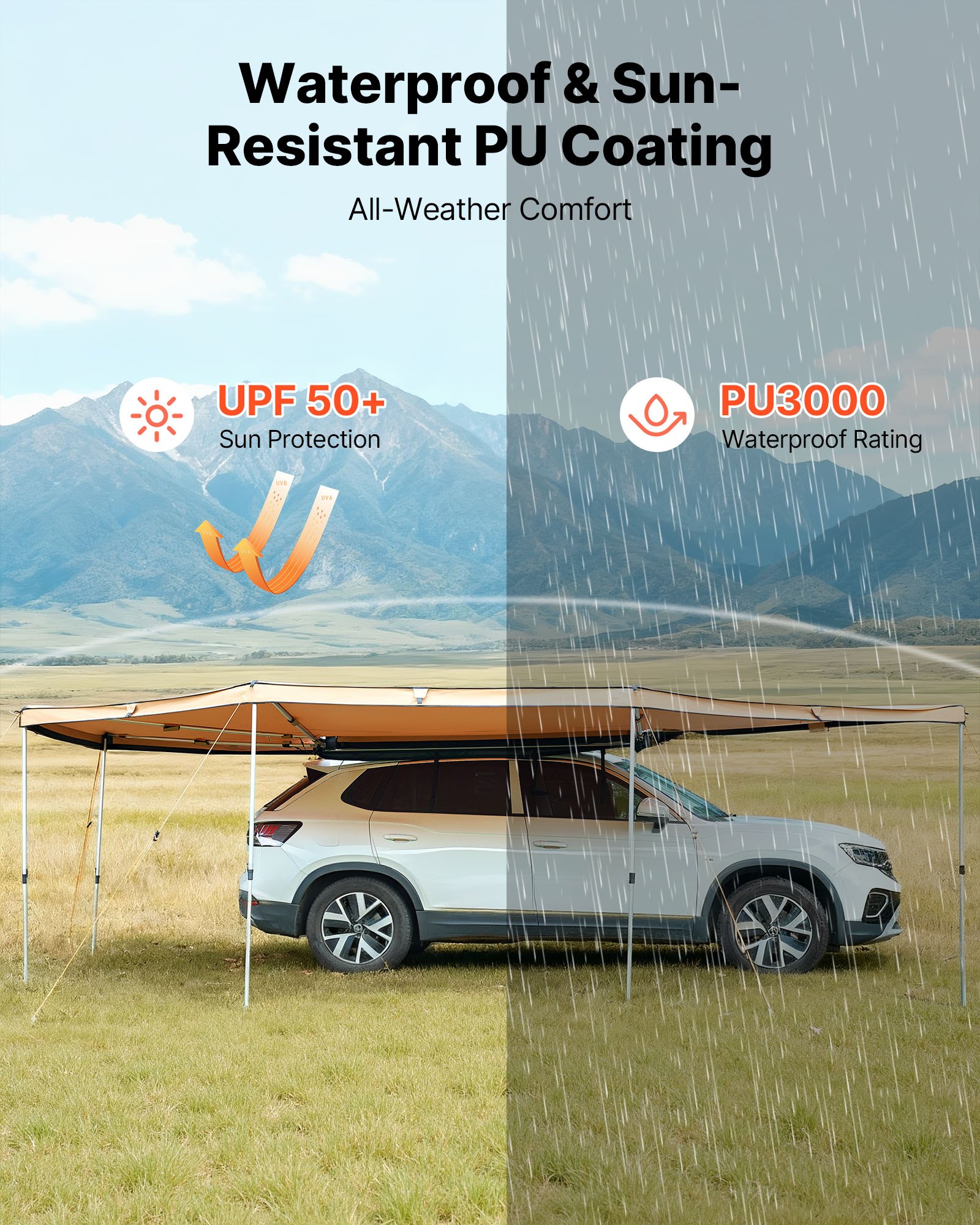 VEVOR 270 Degree Awning, 12.4 ㎡ Driver Side Vehicle Awning, Waterproof UV50+ Car Side Awnings with Carry Bag, All-Weather Free-Standing Overland Awnings Car Shelter for SUV Van Truck Camping