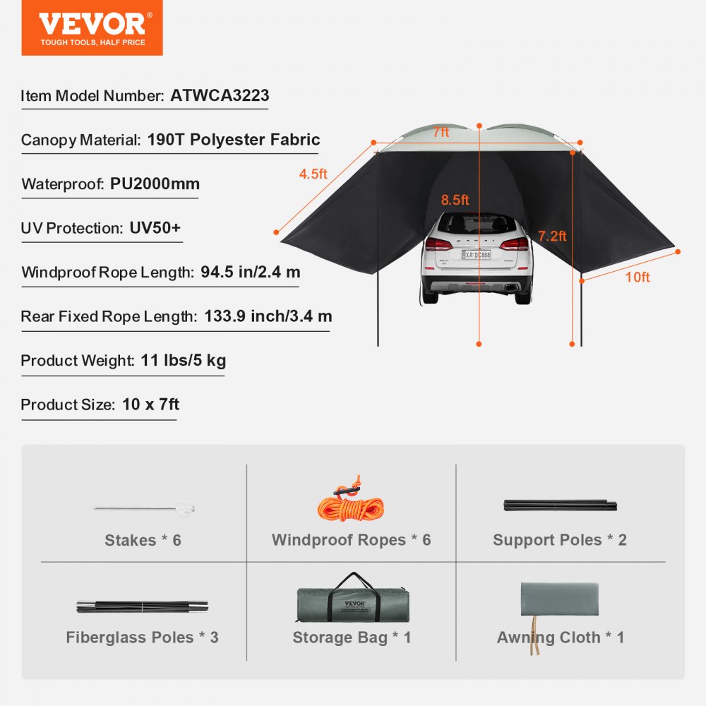 VEVOR Vehicle Awning, Large 10' x 7' Shade Coverage Πλαϊνή τέντα αυτοκινήτου, PU2000mm UV50+ Τέντα αυτοκινήτου με εκτεταμένα πλαϊνά κουβούκλια και φορητή τσάντα αποθήκευσης, Κατάλληλη για φορτηγά, SUV, Van, Campers