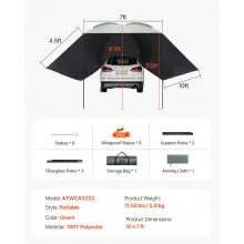 VEVOR Vehicle Awning, Large 10' x 7' Shade Coverage Car Side Awning, PU2000mm UV50+ Car Awning with Extended Side Canopies and Portable Storage Bag, Suitable for Truck, SUV, Van, Campers