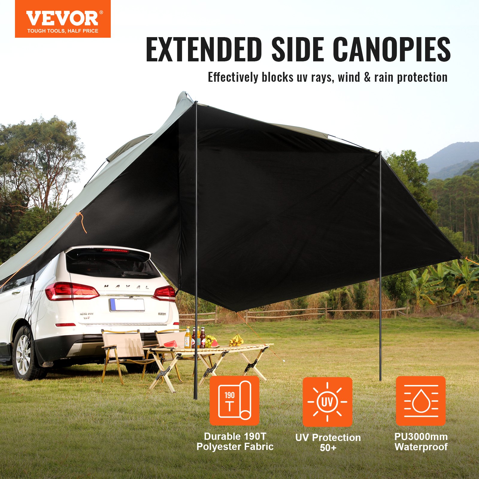 VEVOR Vehicle Awning, Large 10' x 7' Shade Coverage Πλαϊνή τέντα αυτοκινήτου, PU2000mm UV50+ Τέντα αυτοκινήτου με εκτεταμένα πλαϊνά κουβούκλια και φορητή τσάντα αποθήκευσης, Κατάλληλη για φορτηγά, SUV, Van, Campers