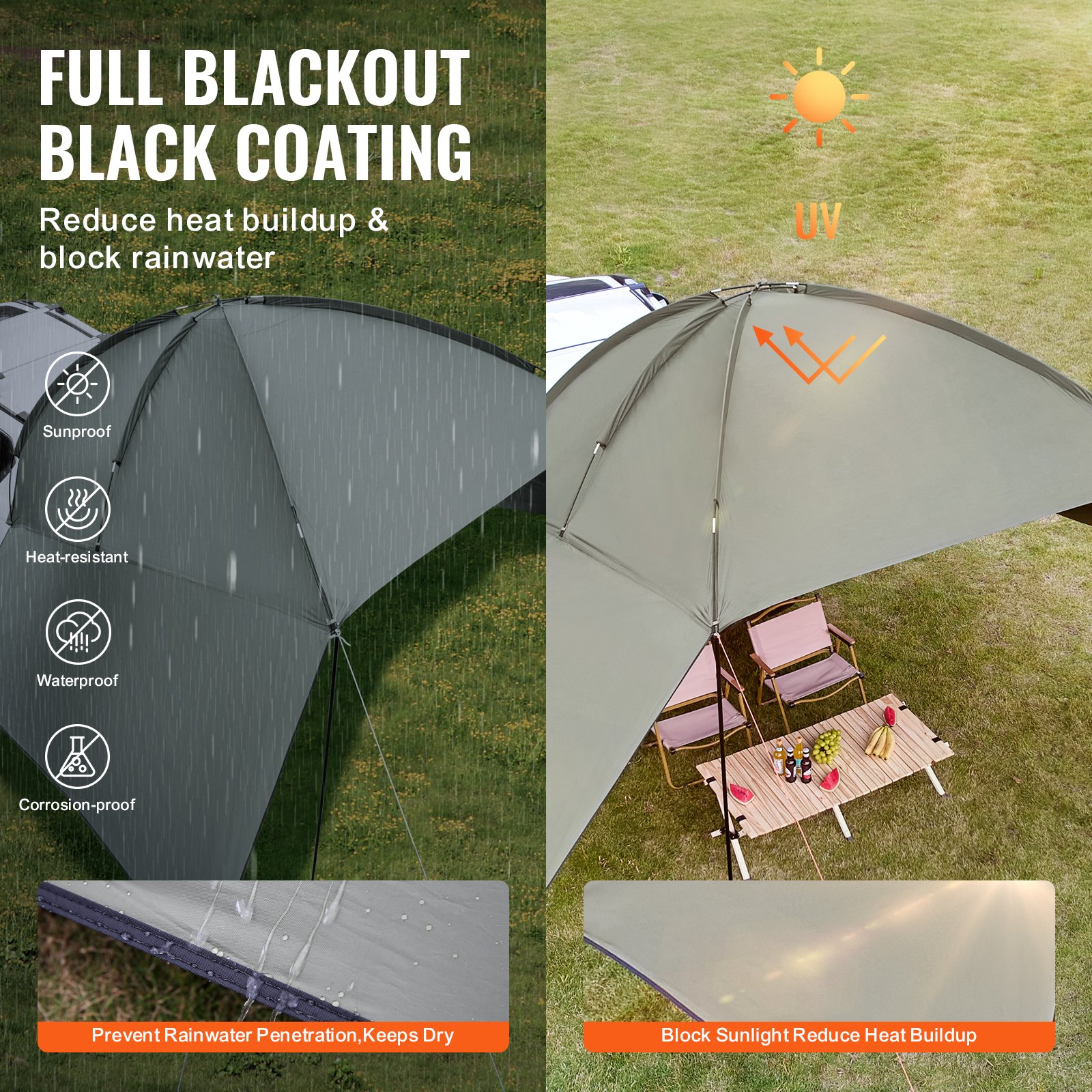 VEVOR Vehicle Awning, Large 10' x 7' Shade Coverage Πλαϊνή τέντα αυτοκινήτου, PU2000mm UV50+ Τέντα αυτοκινήτου με εκτεταμένα πλαϊνά κουβούκλια και φορητή τσάντα αποθήκευσης, Κατάλληλη για φορτηγά, SUV, Van, Campers