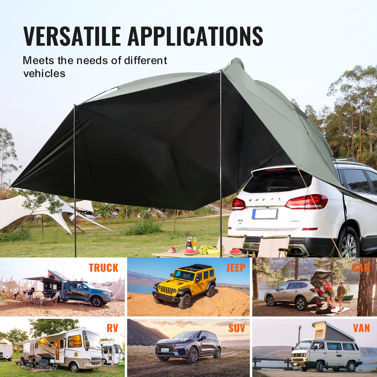 VEVOR Vehicle Awning, Large 10' x 7' Shade Coverage Πλαϊνή τέντα αυτοκινήτου, PU2000mm UV50+ Τέντα αυτοκινήτου με εκτεταμένα πλαϊνά κουβούκλια και φορητή τσάντα αποθήκευσης, Κατάλληλη για φορτηγά, SUV, Van, Campers
