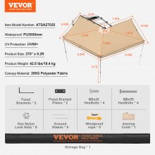 VEVOR Vehicle Awning 270 Degree, 8.2' Height Retractable Car Side Awning, PU3000mm UV50+ Car Awning with Waterproof Storage Bag, Suitable for Truck, SUV, Van, Campers