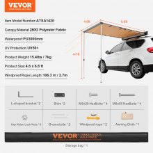 VEVOR Car Side Awning, Large 1.4x2m Shade Coverage Vehicle Awning, PU3000mm UV50+ Retractable Car Awning with Waterproof Storage Bag, Suitable for Truck, SUV, Van, Campers
